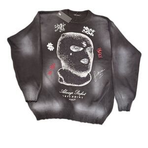 NWT Left Point Italy Sweater Large Black Sun Faded Rhinestone Ski Mask Drill